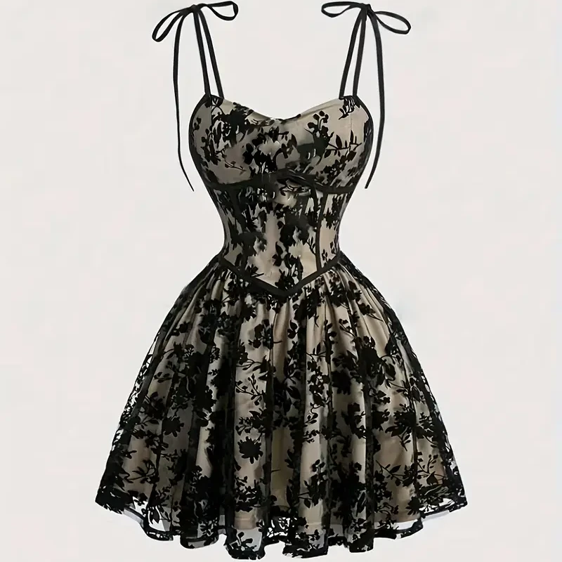 Oriented Lady Flocked Mesh Thin Strap A-Line Skirt Dress - Main view showing full design