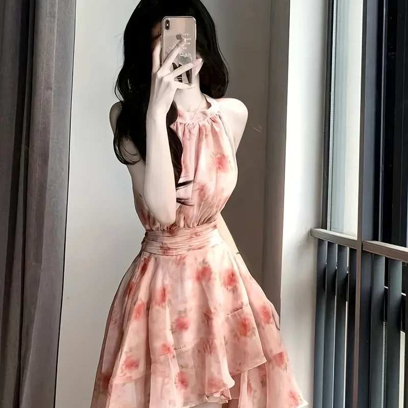 Women's Floral Print Halter Neck Sleeveless Dress - Waist Tie Asymmetrical Hem Long Dress for Spring Summer Fall, Elegant Korean Japanese Inspired Fashion, Summer Outfit, Contemporary Design - Main view showing full design