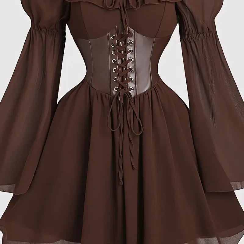 Autumn Pleated A-Line Vintage Dress, Semi-Formal Women's Fall Clothing with Bow Tie Long Sleeve Off-the-Shoulder Belted Waist Slim Fit Commuter Dress, Evening Wear, Office Attire, Offshoulder Design, Elegant Dress, Classic Tailoring, Tailored Fit, Aline Dress, Bow Detail, Professional Women, Fashionforward - Main view showing full design