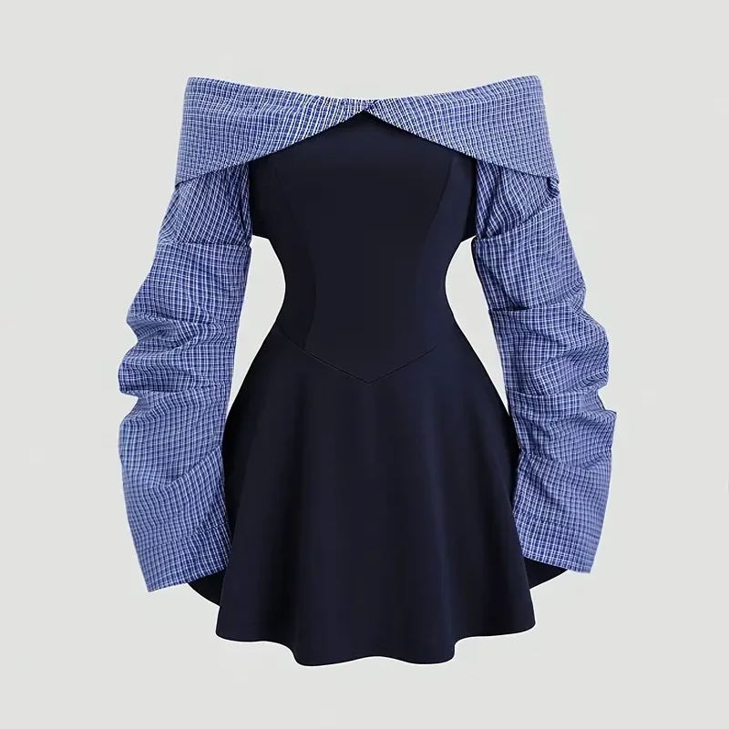 Women'S Elegant Off-Shoulder Color Block Maxi Dress with Ruched Waist - Long Sleeve, A-Line Silhouette, Flared Hem, Perfect for Casual, Office, and Formal Occasions, Formal Attire|Elegant Offshoulder|A-Line Silhouette - Main view showing full design