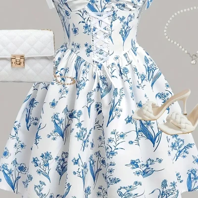 Women's Blue &amp; White Floral Print Cross Tie Waist Dress - Sweetheart Neckline, Fitted Bodice &amp; Flared Skirt, Machine Washable Summer Holiday Dress for Beach Vacations, Garden Parties, Casual Outings, Cute Summer Dresses, Quality Fabric Construction