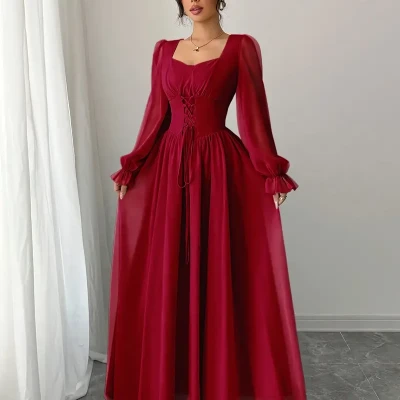 Elegant Light Blue Chiffon Maxi Dress with Ruffle Sleeves, Front Tie Waist, and Chest Detail - Flowy A-Line Silhouette for Women, Perfect for All Seasons, Allseason Dress | Ruched Chest Detail | Chiffon Fabric, Cute Dresses