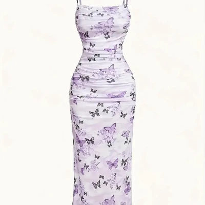 Women'S Off-Shoulder Butterfly Print Bodycon Dress - Romantic Pink with Floral Accents, Perfect for Spring and Summer, Allseason Dress|Playful Print|Strapless Design